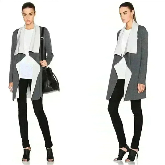NWT VINCE GREY MERINO WOOL BLEND TWO TONE DRAPE OPEN CARDIGAN SWEATER COAT Sz S
